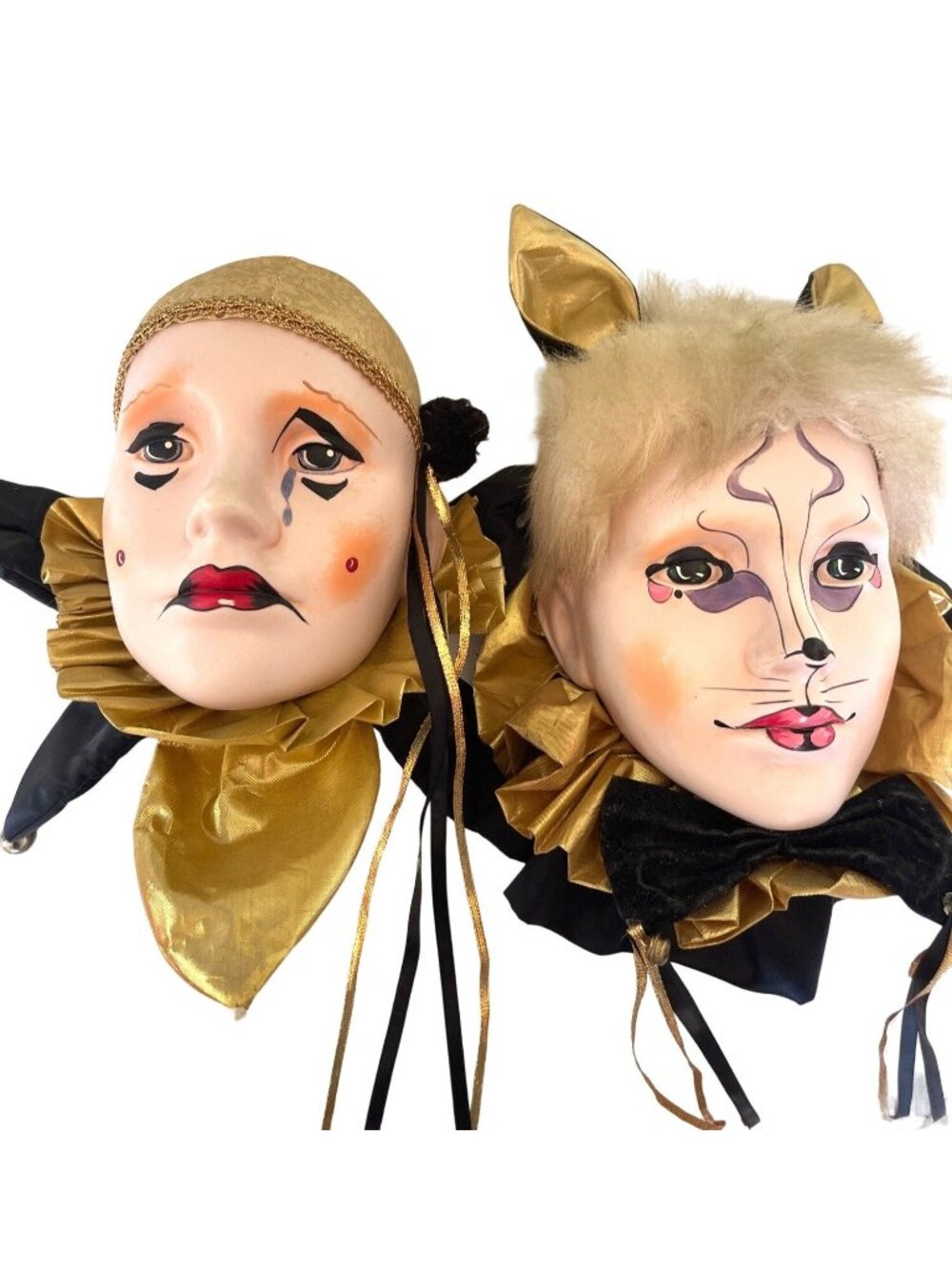 Vintage Brinn's Ceramic Harlequin Clown and Cat Mask Set Mardi Gras Wall Art 80s